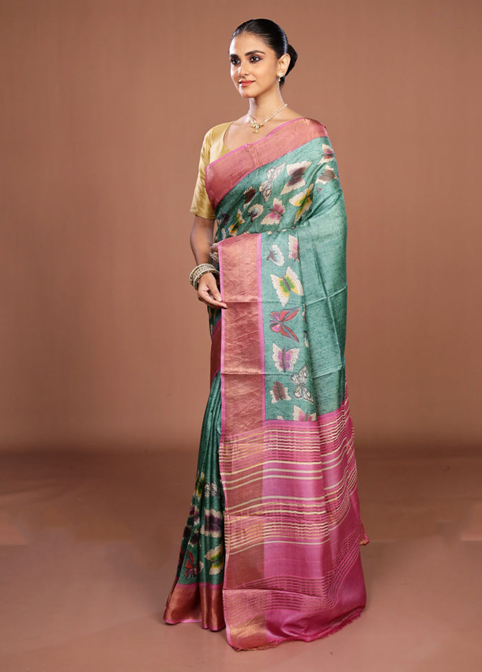 Green Handloom Tussar Pure Silk Saree With Blouse Piece