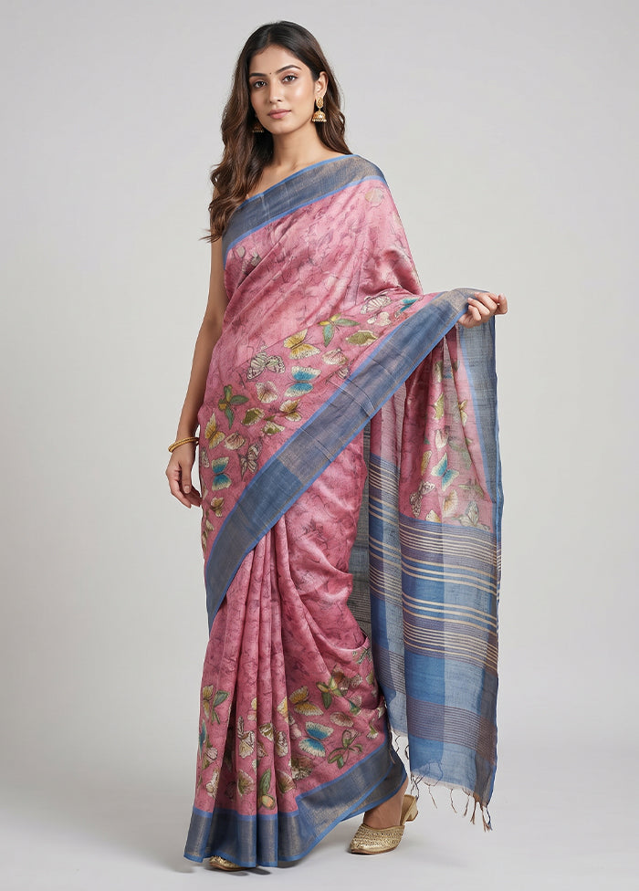 Pink Handloom Tussar Pure Silk Saree With Blouse Piece