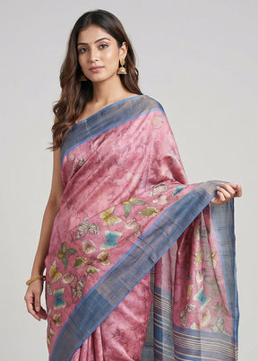 Pink Handloom Tussar Pure Silk Saree With Blouse Piece