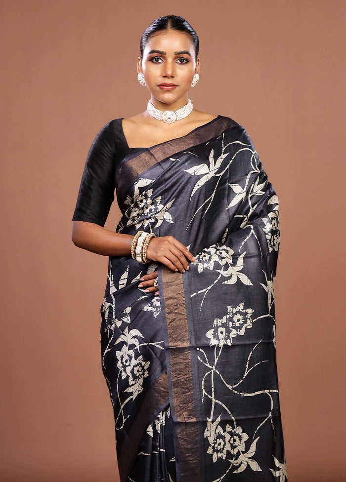 Black Handloom Tussar Pure Silk Saree With Blouse Piece