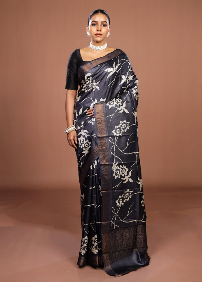 Black Handloom Tussar Pure Silk Saree With Blouse Piece