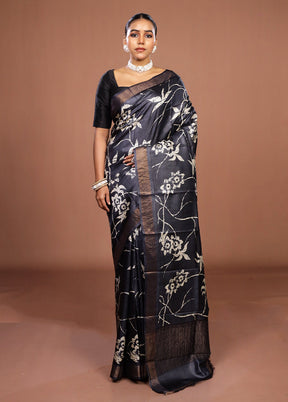 Black Handloom Tussar Pure Silk Saree With Blouse Piece