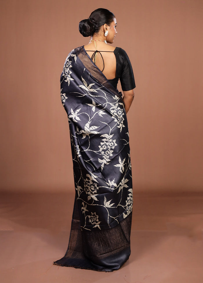 Black Handloom Tussar Pure Silk Saree With Blouse Piece
