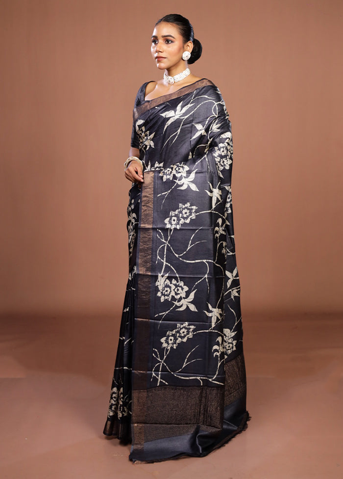 Black Handloom Tussar Pure Silk Saree With Blouse Piece