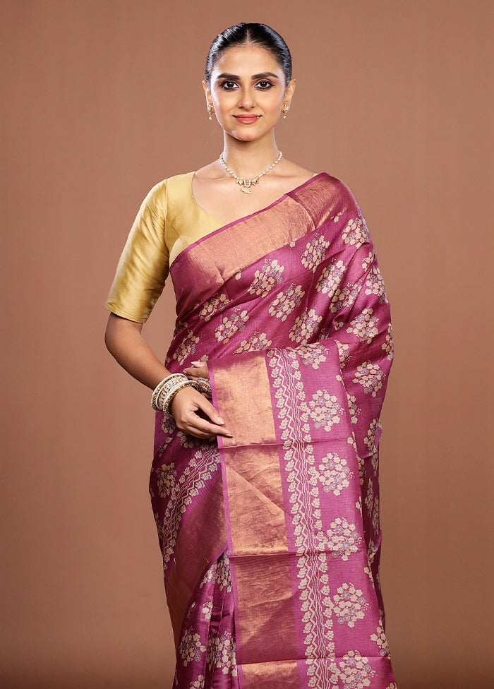 Purple Handloom Tussar Pure Silk Saree With Blouse Piece