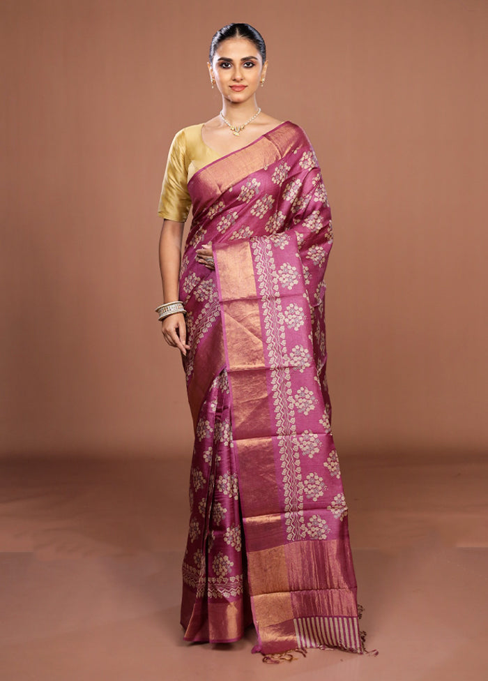 Purple Handloom Tussar Pure Silk Saree With Blouse Piece