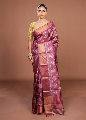 Purple Handloom Tussar Pure Silk Saree With Blouse Piece