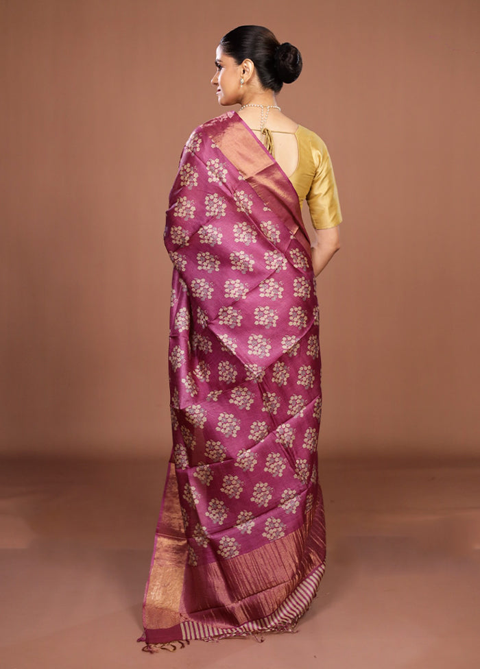 Purple Handloom Tussar Pure Silk Saree With Blouse Piece