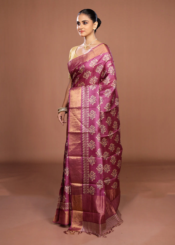 Purple Handloom Tussar Pure Silk Saree With Blouse Piece