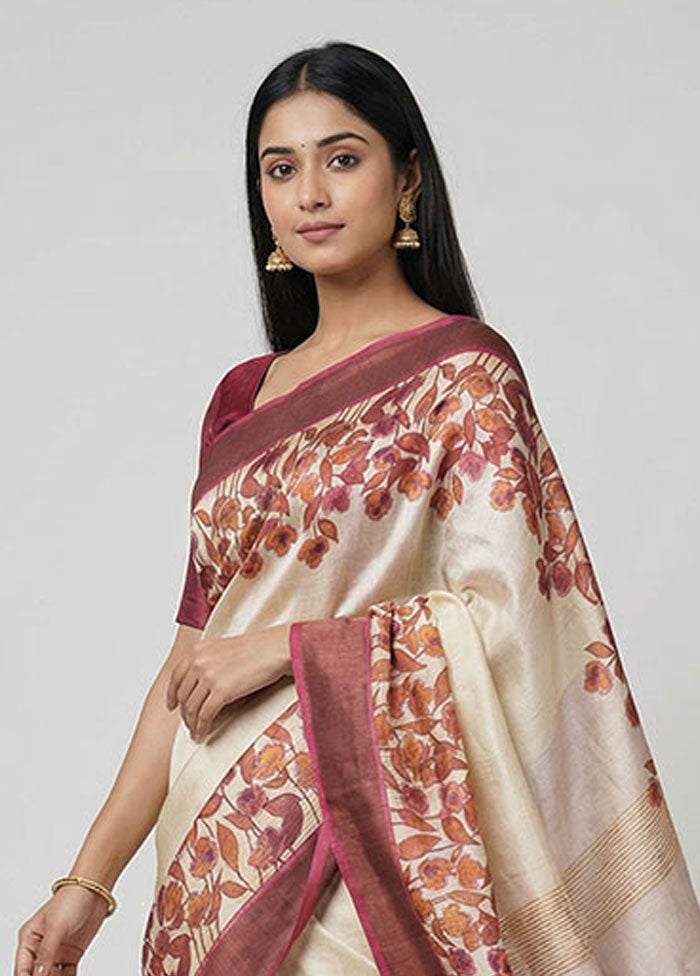 White Handloom Tussar Pure Silk Saree With Blouse Piece