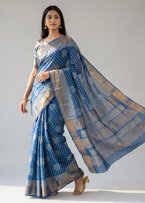 Blue Handloom Tussar Pure Silk Saree With Blouse Piece