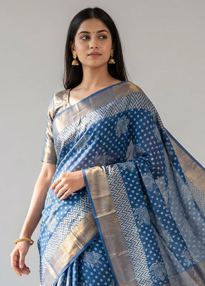 Blue Handloom Tussar Pure Silk Saree With Blouse Piece