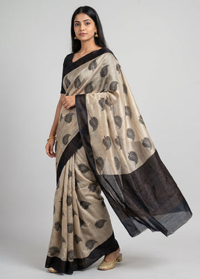 Cream Handloom Tussar Pure Silk Saree With Blouse Piece
