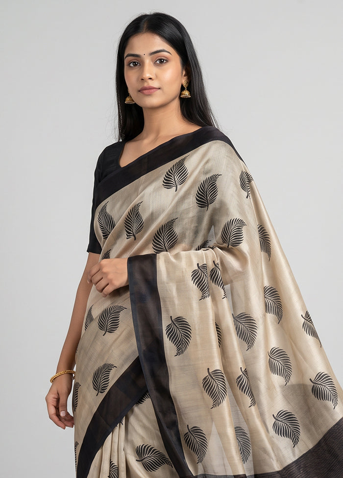 Cream Handloom Tussar Pure Silk Saree With Blouse Piece