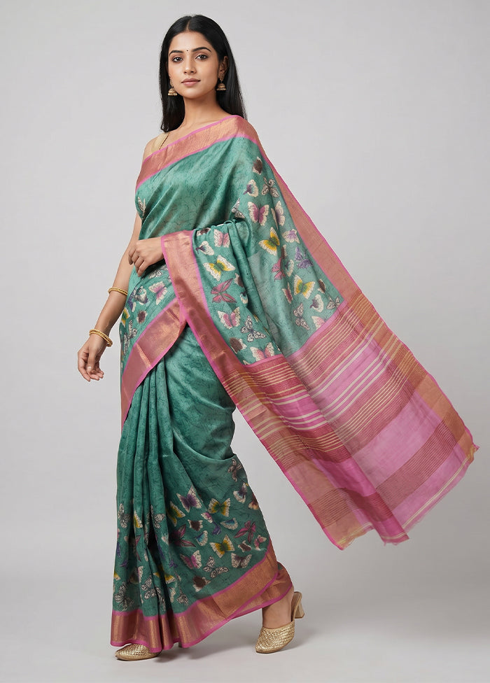 Green Handloom Tussar Pure Silk Saree With Blouse Piece