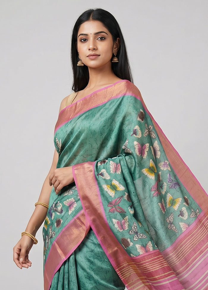 Green Handloom Tussar Pure Silk Saree With Blouse Piece