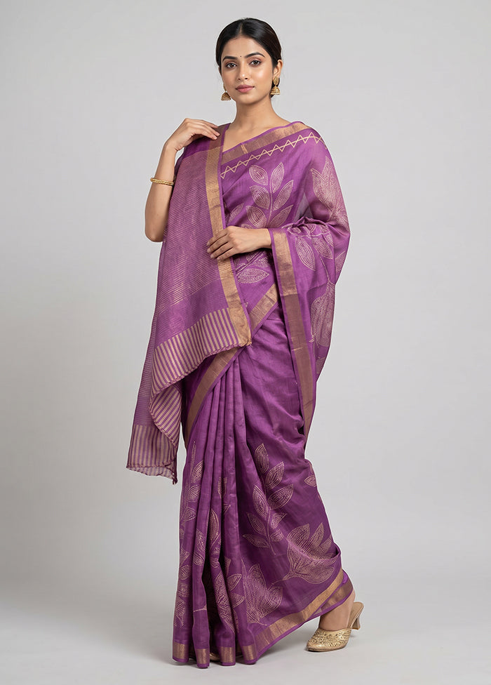 Purple Handloom Tussar Pure Silk Saree With Blouse Piece