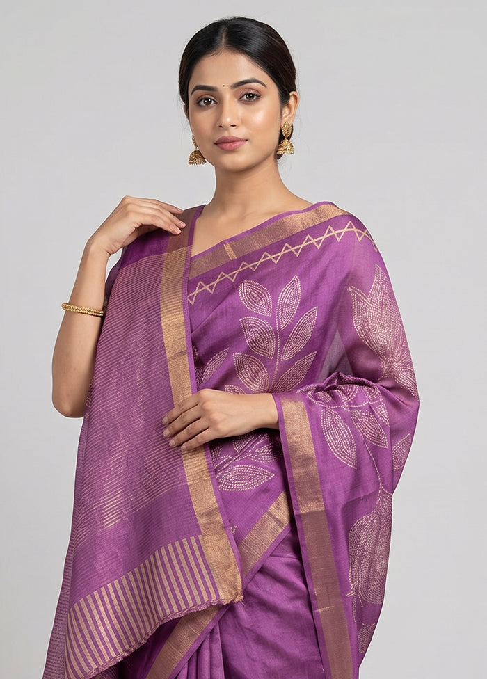 Purple Handloom Tussar Pure Silk Saree With Blouse Piece