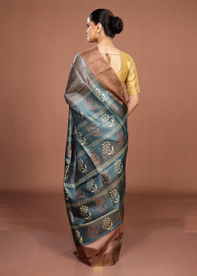 Green Handloom Tussar Pure Silk Saree With Blouse Piece