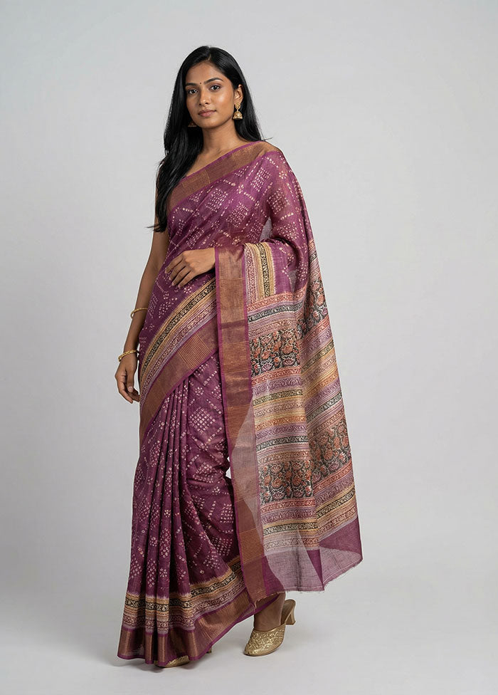 Purple Handloom Tussar Pure Silk Saree With Blouse Piece