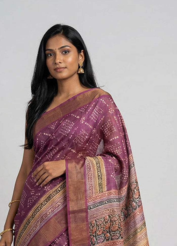 Purple Handloom Tussar Pure Silk Saree With Blouse Piece