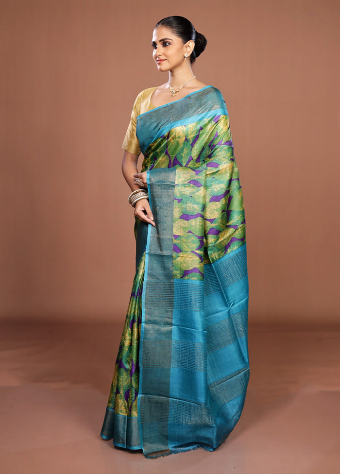 Green Handloom Tussar Pure Silk Saree With Blouse Piece