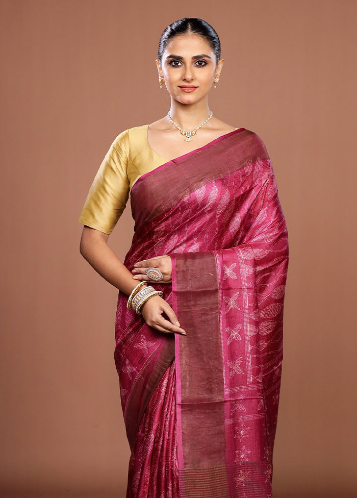 Pink Handloom Tussar Pure Silk Saree With Blouse Piece