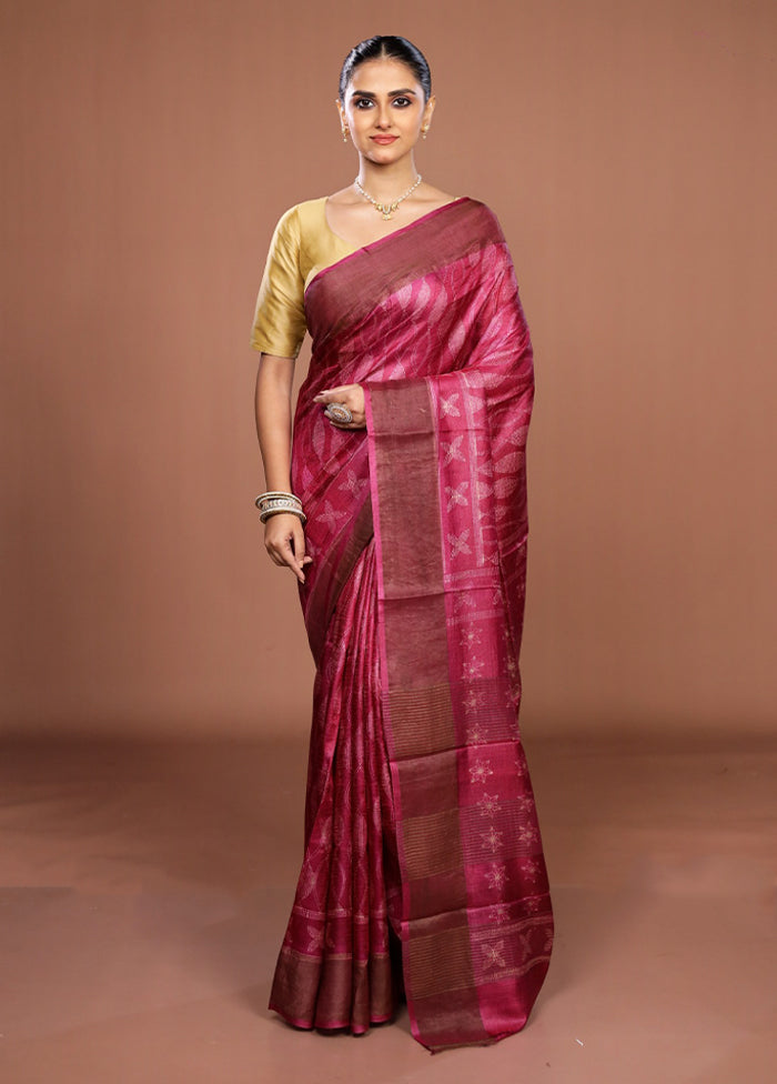Pink Handloom Tussar Pure Silk Saree With Blouse Piece