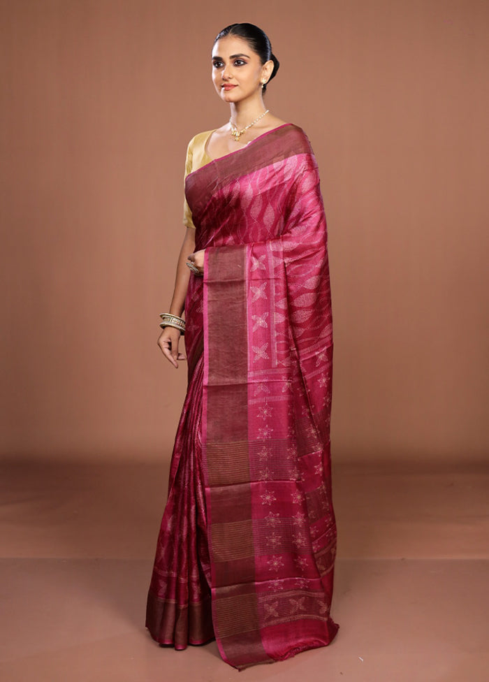 Pink Handloom Tussar Pure Silk Saree With Blouse Piece