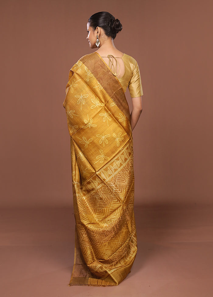 Yellow Handloom Tussar Pure Silk Saree With Blouse Piece