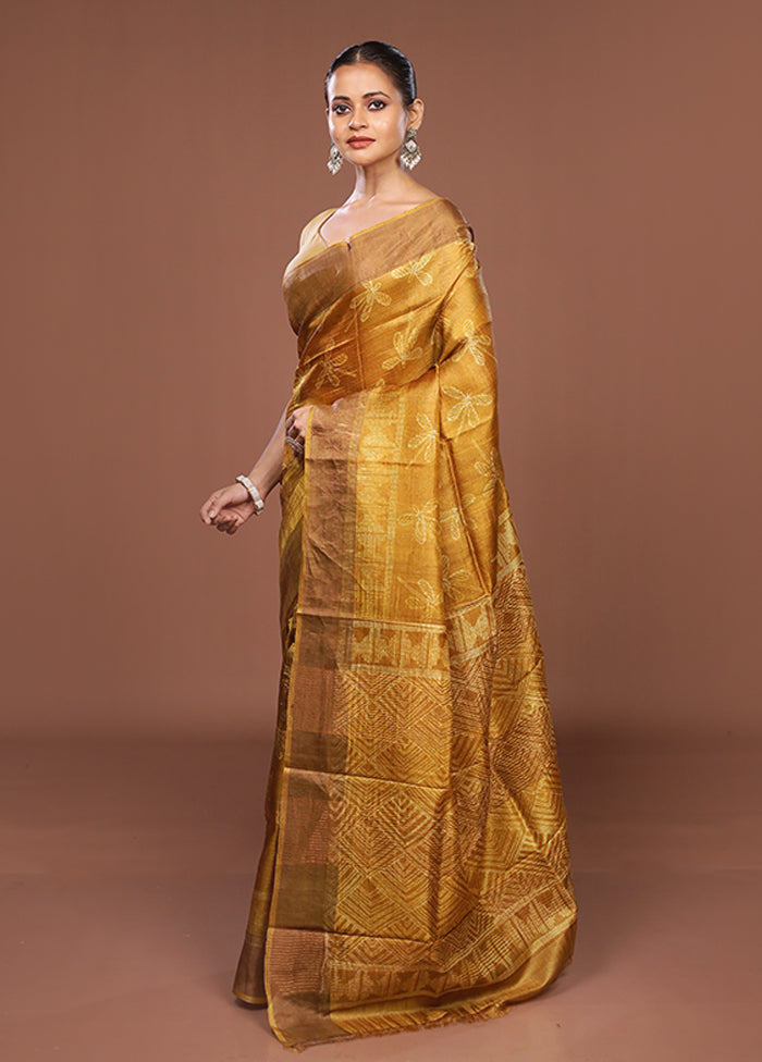 Yellow Handloom Tussar Pure Silk Saree With Blouse Piece