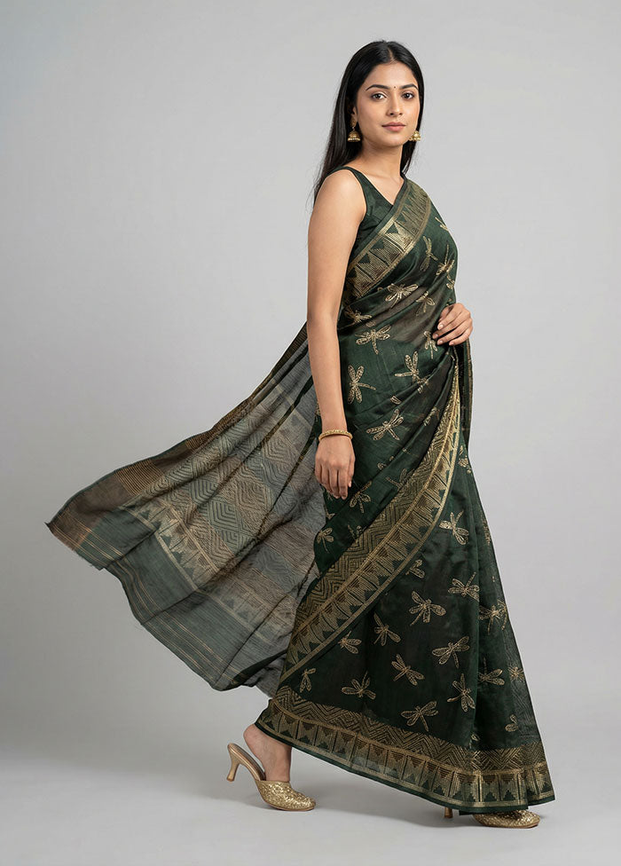 Green Handloom Tussar Pure Silk Saree With Blouse Piece