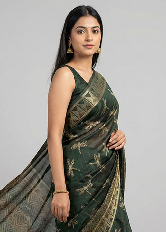 Green Handloom Tussar Pure Silk Saree With Blouse Piece