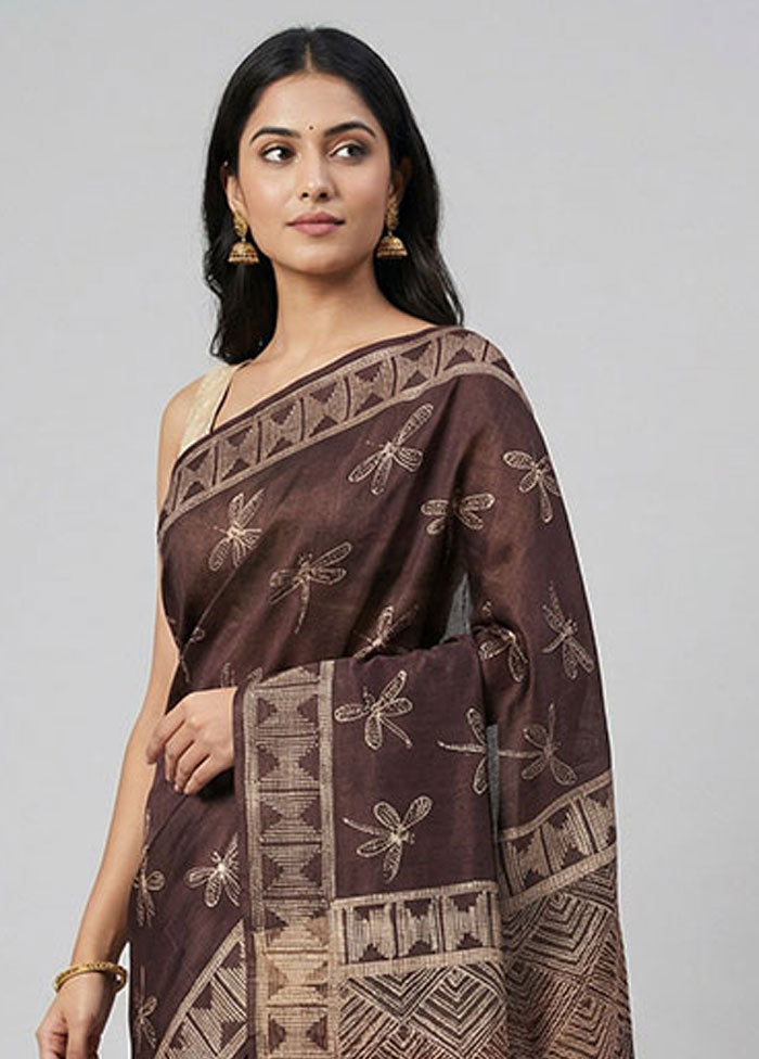 Maroon Handloom Tussar Pure Silk Saree With Blouse Piece