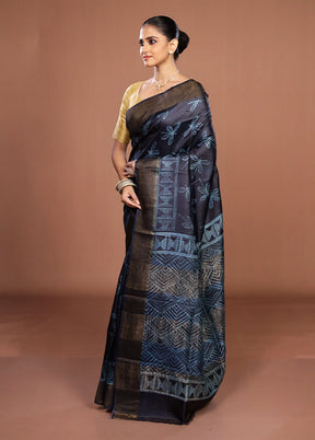 Blue Handloom Tussar Pure Silk Saree With Blouse Piece