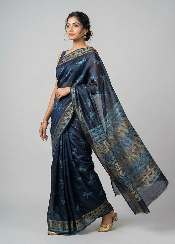 Blue Handloom Tussar Pure Silk Saree With Blouse Piece