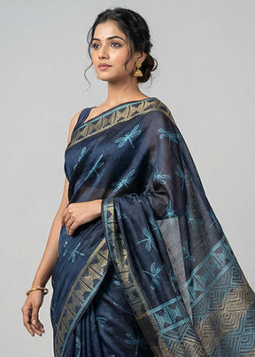 Blue Handloom Tussar Pure Silk Saree With Blouse Piece