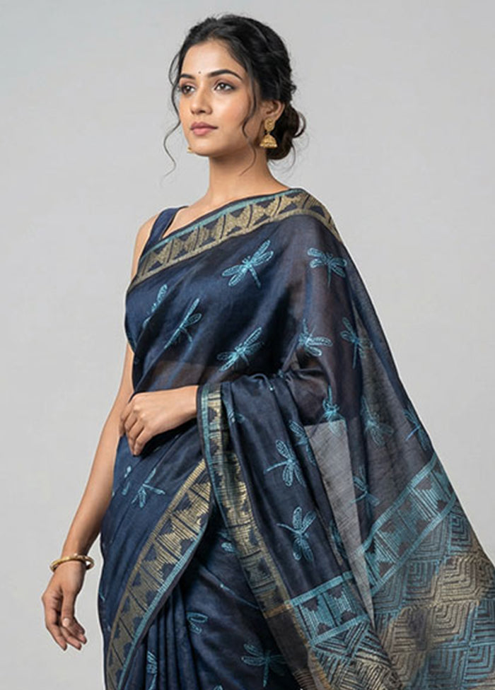 Blue Handloom Tussar Pure Silk Saree With Blouse Piece