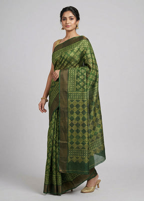 Green Handloom Tussar Pure Silk Saree With Blouse Piece
