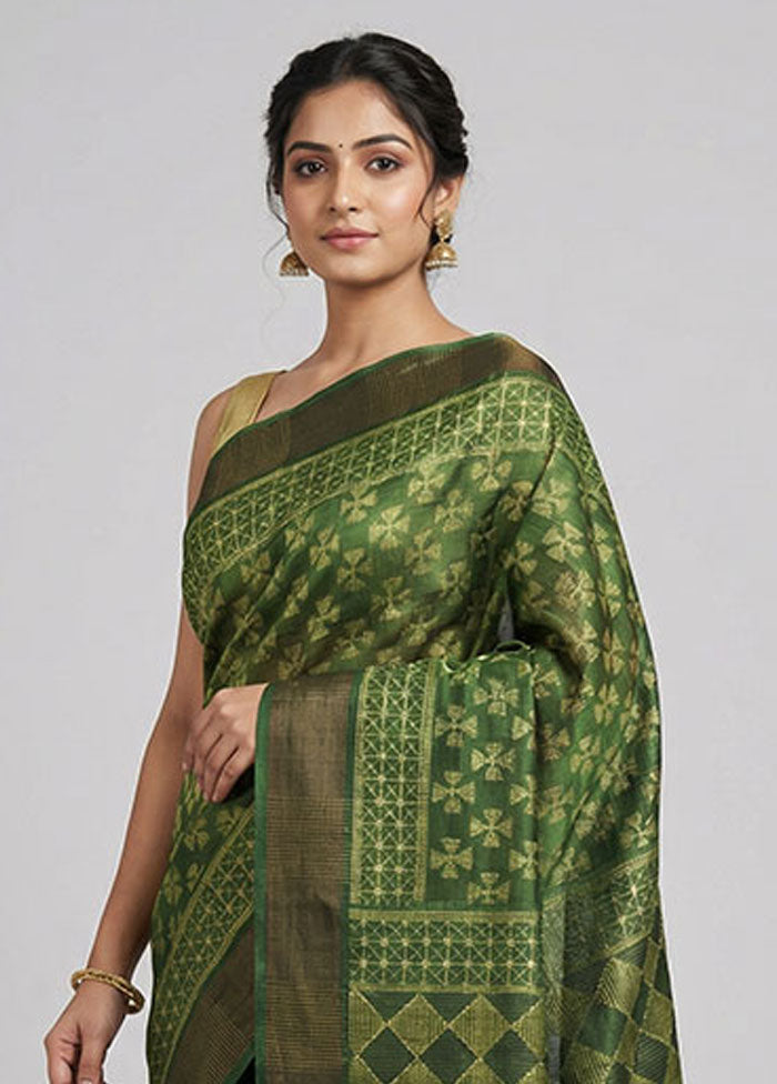 Green Handloom Tussar Pure Silk Saree With Blouse Piece