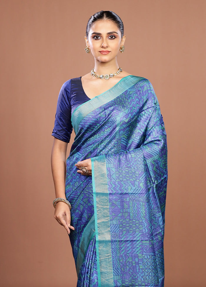Blue Handloom Tussar Pure Silk Saree With Blouse Piece