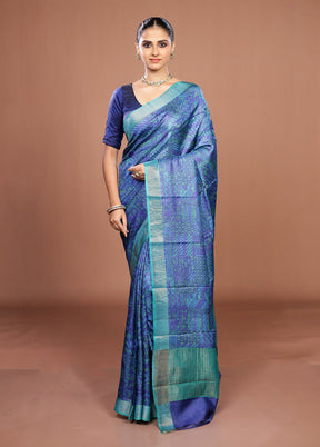 Blue Handloom Tussar Pure Silk Saree With Blouse Piece