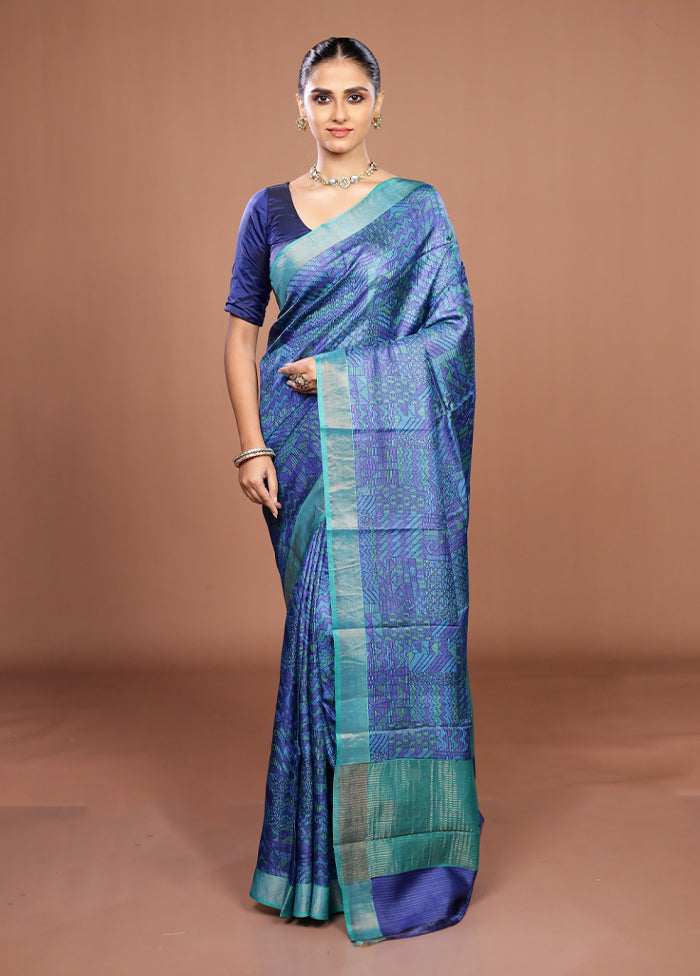 Blue Handloom Tussar Pure Silk Saree With Blouse Piece