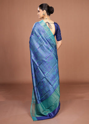 Blue Handloom Tussar Pure Silk Saree With Blouse Piece