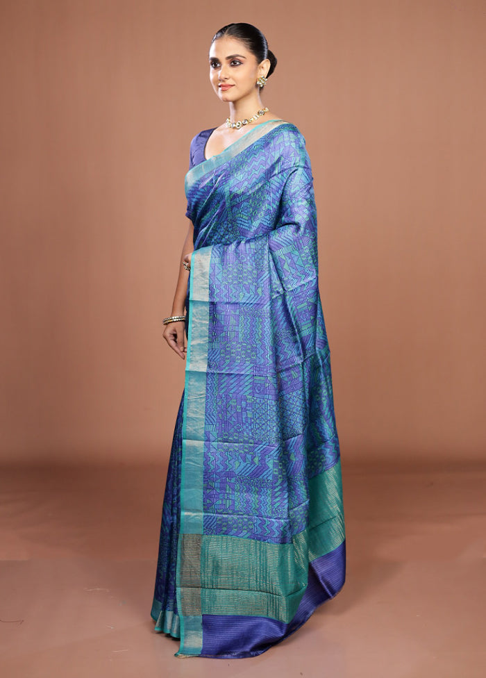 Blue Handloom Tussar Pure Silk Saree With Blouse Piece