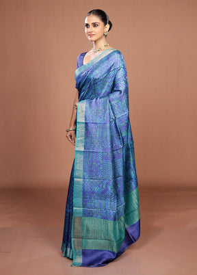 Blue Handloom Tussar Pure Silk Saree With Blouse Piece