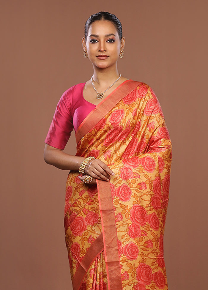 Yellow Handloom Tussar Pure Silk Saree With Blouse Piece