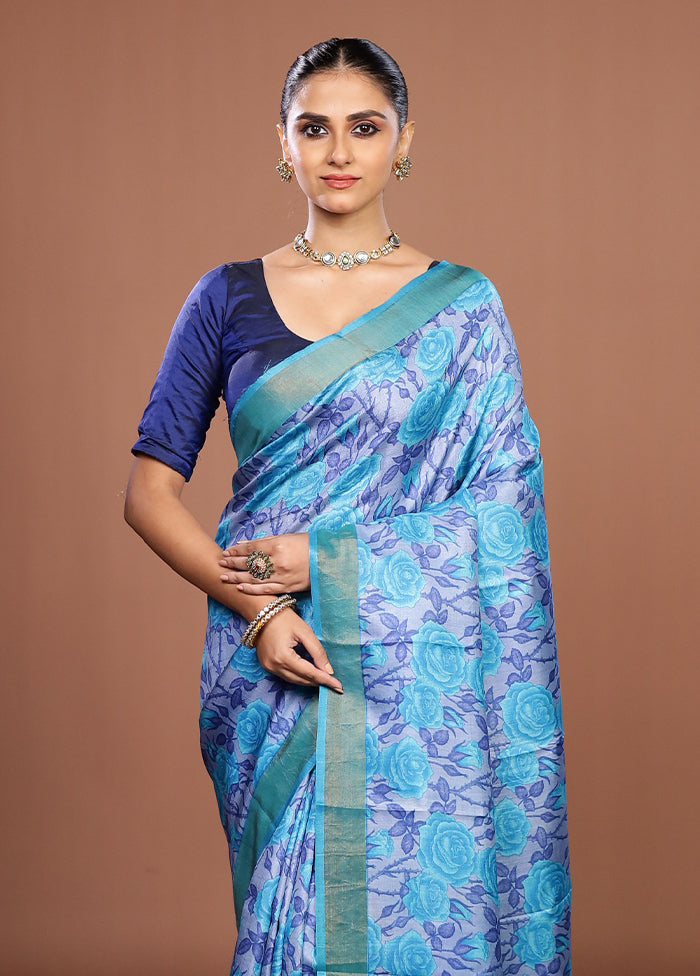 Blue Handloom Tussar Pure Silk Saree With Blouse Piece