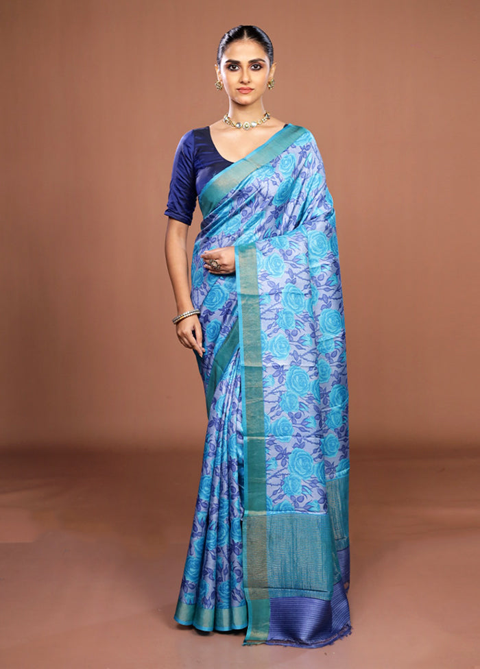 Blue Handloom Tussar Pure Silk Saree With Blouse Piece
