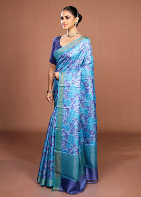 Blue Handloom Tussar Pure Silk Saree With Blouse Piece